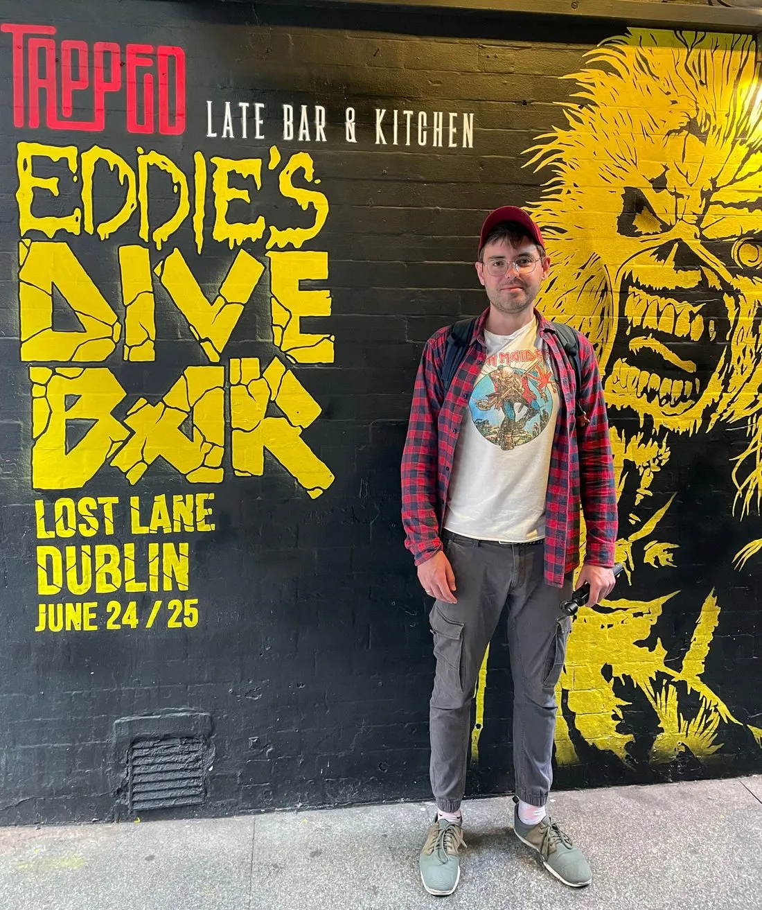 Wojtek outside Eddie's Dive Bar, a pop-up Iron Maiden bar at Lost Lane, Dublin, June 2025